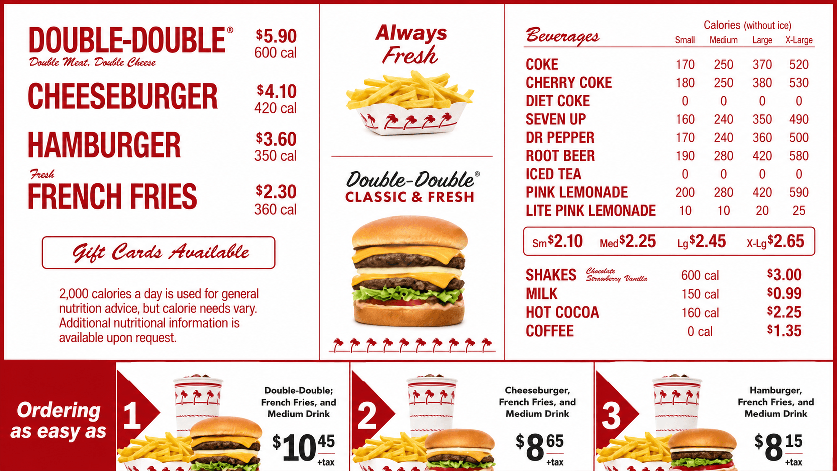 In n Out Burger Menu with only a few options